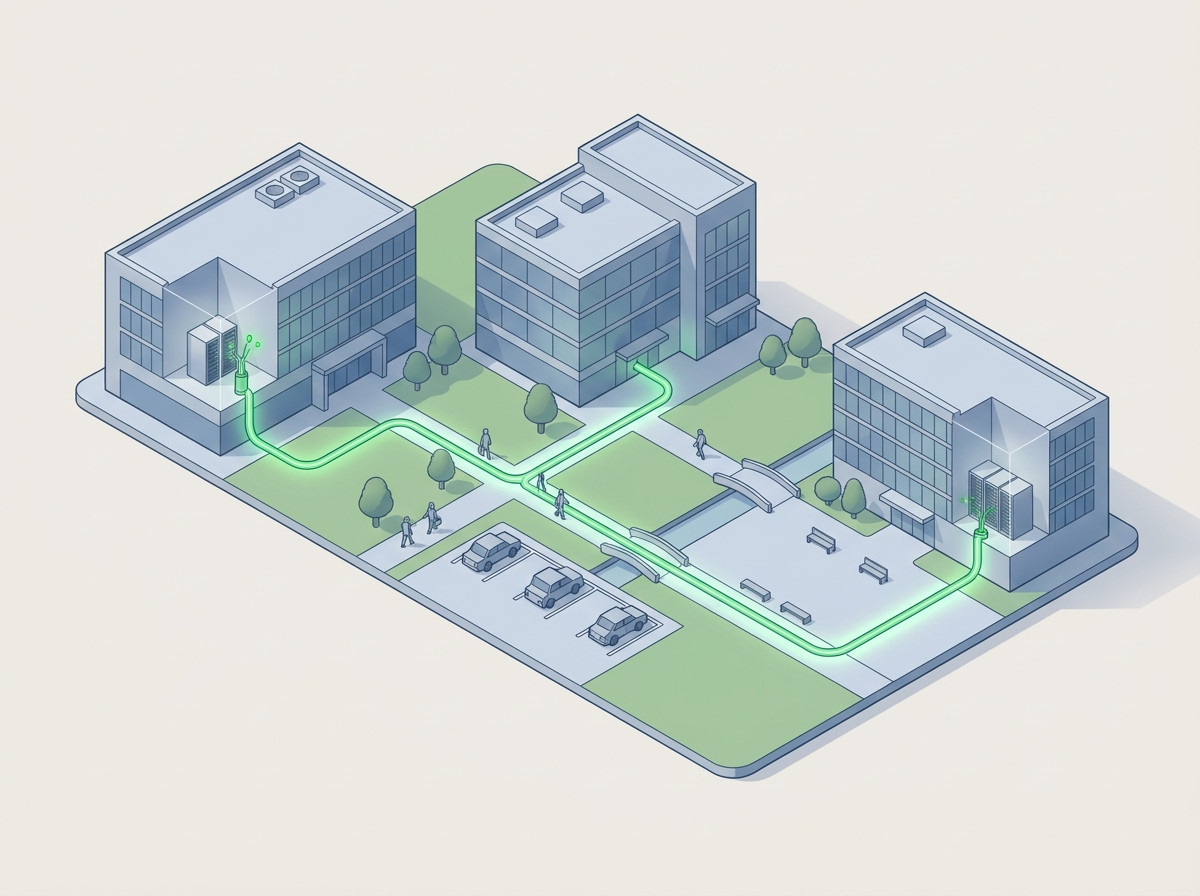 Installazione FiberPDS in un campus: un percorso in fibra continuo e monitorato che collega tre edifici per uffici attraverso aree aperte, con il processore nel primo edificio