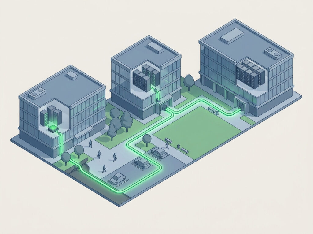 FiberPDS protected fiber cable run linking three campus buildings with server rooms, monitored end to end