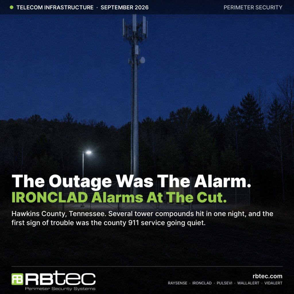 Small rural cellular tower compound at night behind a chain-link fence, illustrating fence-line intrusion detection at unmanned telecom sites.