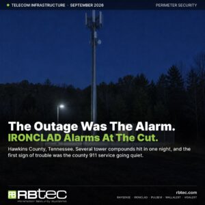 Small rural cellular tower compound at night behind a chain-link fence, illustrating fence-line intrusion detection at unmanned telecom sites.