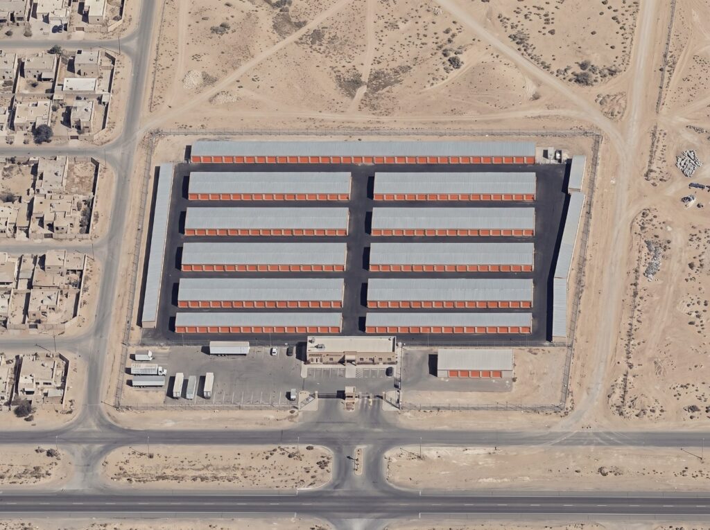 Vista aerea di un centro di self-storage con file di unità di stoccaggio e un perimetro recintato