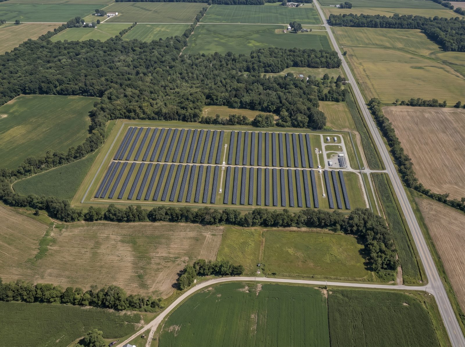 Aerial view of a utility-scale solar farm with a fenced perimeter