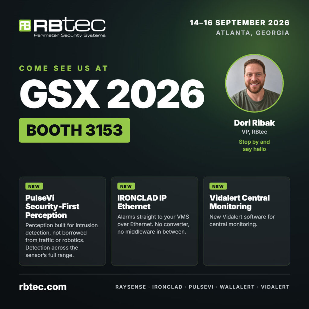 RBtec at GSX 2026, booth 3153, Atlanta, 14 to 16 September. New PulseVi security-first perception software, new IRONCLAD IP Ethernet, and new Vidalert central monitoring software.
