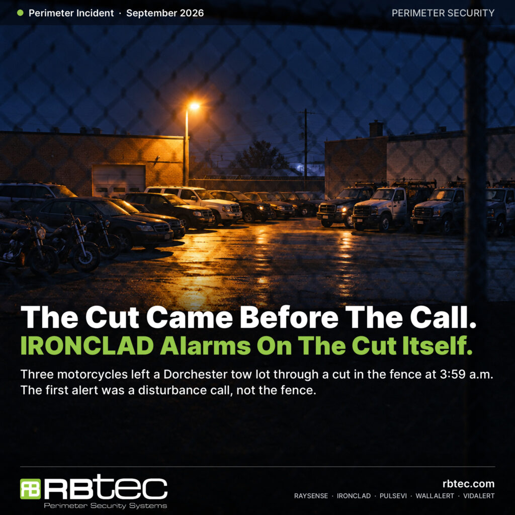 Nighttime view through a chain-link perimeter fence into an urban vehicle tow lot, rows of parked cars, trucks and motorcycles under a single amber floodlight on wet asphalt. Headline reads The Cut Came Before The Call, IRONCLAD Alarms On The Cut Itself.