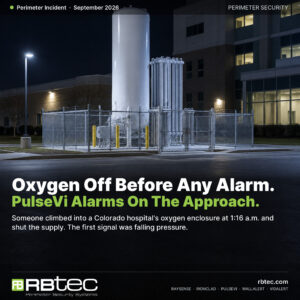 Illustrative night photo of a fenced bulk oxygen tank enclosure beside a hospital building, with an RBtec headline about PulseVi LiDAR detection