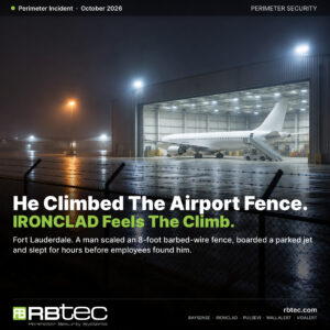Illustrative night scene of an airport maintenance hangar with a parked airliner behind a barbed-wire perimeter fence, with the headline He Climbed The Airport Fence. IRONCLAD Feels The Climb.