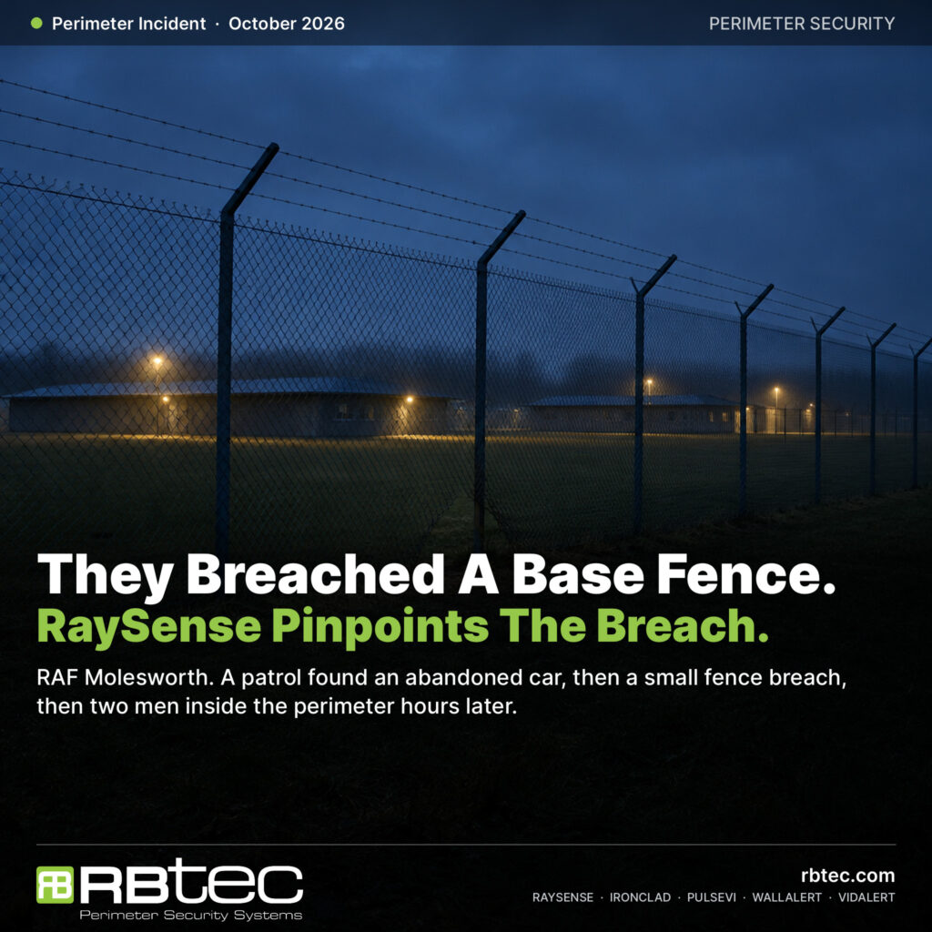 Illustrative night view of a barbed-wire chain-link security fence at a military base with the headline They Breached A Base Fence and RaySense Pinpoints The Breach
