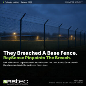 Illustrative night view of a barbed-wire chain-link security fence at a military base with the headline They Breached A Base Fence and RaySense Pinpoints The Breach