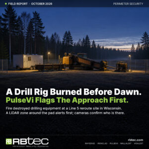 Illustrative image of a horizontal directional drilling rig and equipment trailer on a fenced gravel pad in a pine forest before dawn, with the headline A Drill Rig Burned Before Dawn, PulseVi Flags The Approach First