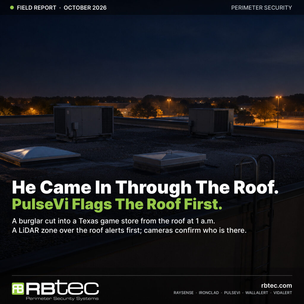 Illustrative night view of a flat retail roof with HVAC units, a roof hatch, a skylight and a service ladder, with the headline He Came In Through The Roof. PulseVi Flags The Roof First.