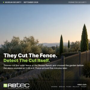 Chain link perimeter fence along a Mediterranean garden at dawn, with the headline They Cut The Fence. Detect The Cut Itself.